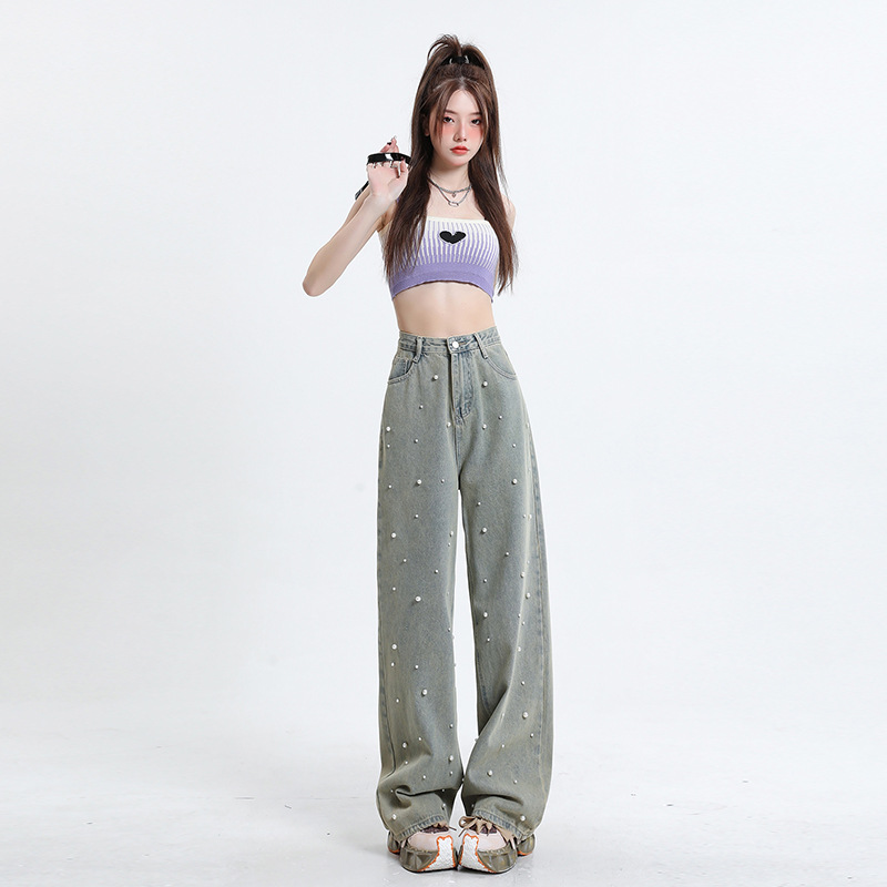 フレアパンツ パール装飾ハイウエストストレートデニムパンツ