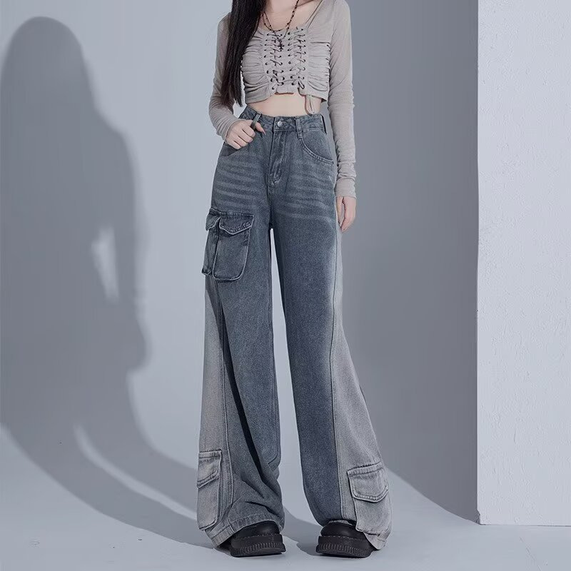 フレアパンツ カーゴポケット付きハイウエストワイドデニム