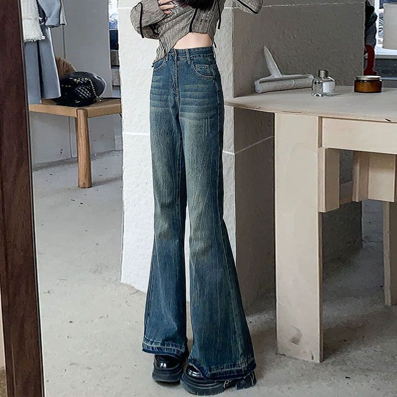 フレアパンツ 美脚効果抜群ハイウエスト裾広がりデニムパンツ