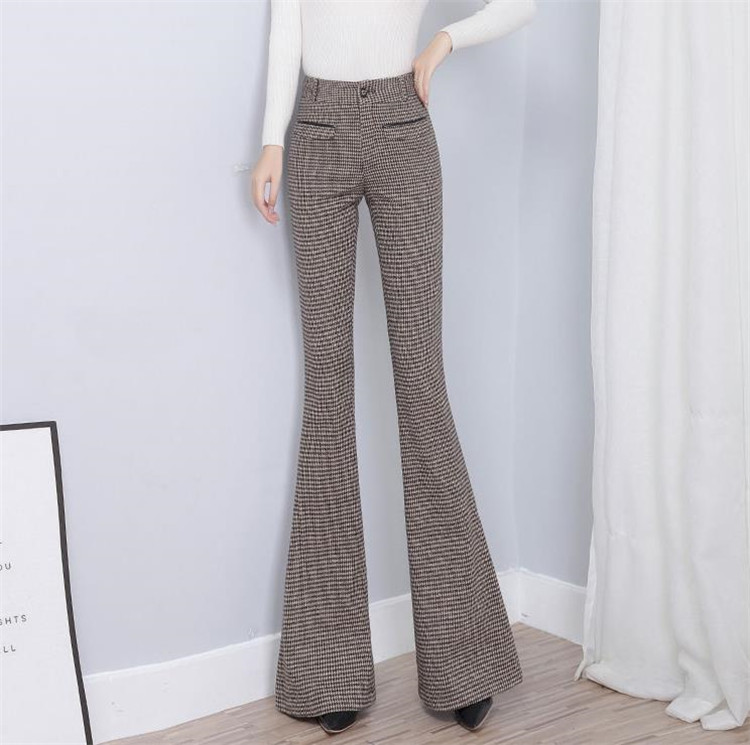 フレアパンツ 格子縞ハイウエストスラックス レトロフレア美脚パンツ