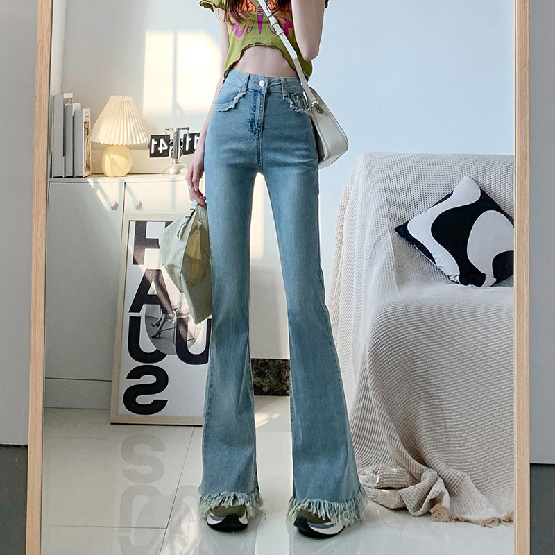 フレアパンツ 裾フリンジ加工ハイウエストフレアデニムパンツ
