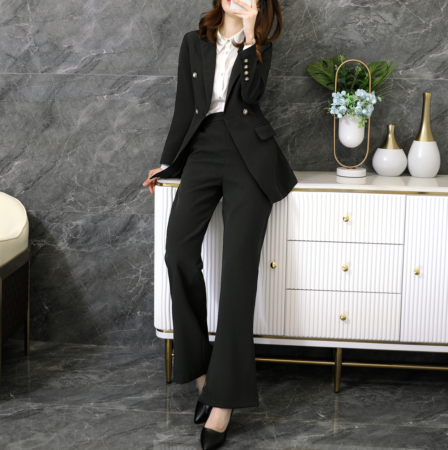 フレアパンツ 金属ボタン付きダブルジャケットフレアパンツスーツ