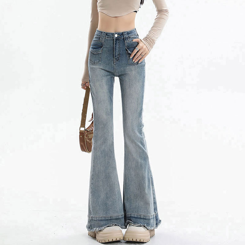 フレアパンツ ハイウエスト裾切りっぱなしフレアデニムパンツ