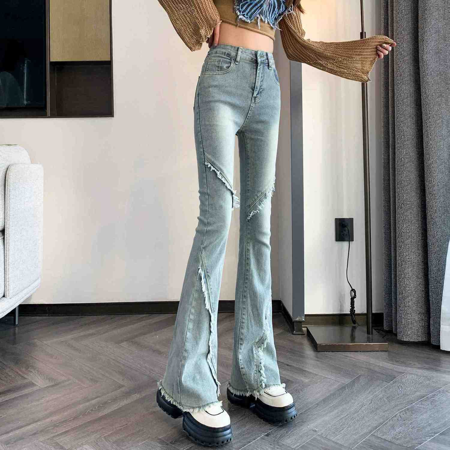 フレアパンツ 切り替えデザインハイウエストフレアデニムパンツ