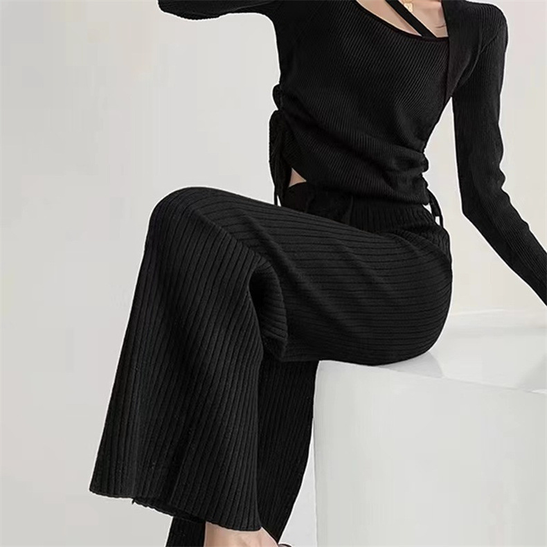 フレアパンツ 優美ニット縦リブフレアパンツ