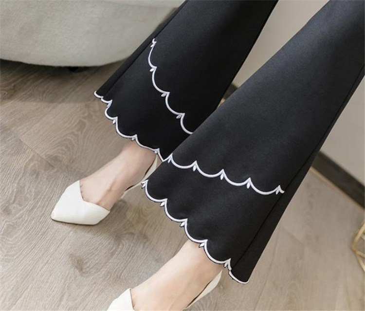 フレアパンツ 裾刺繍ハイウエストフレアスラックス九分丈