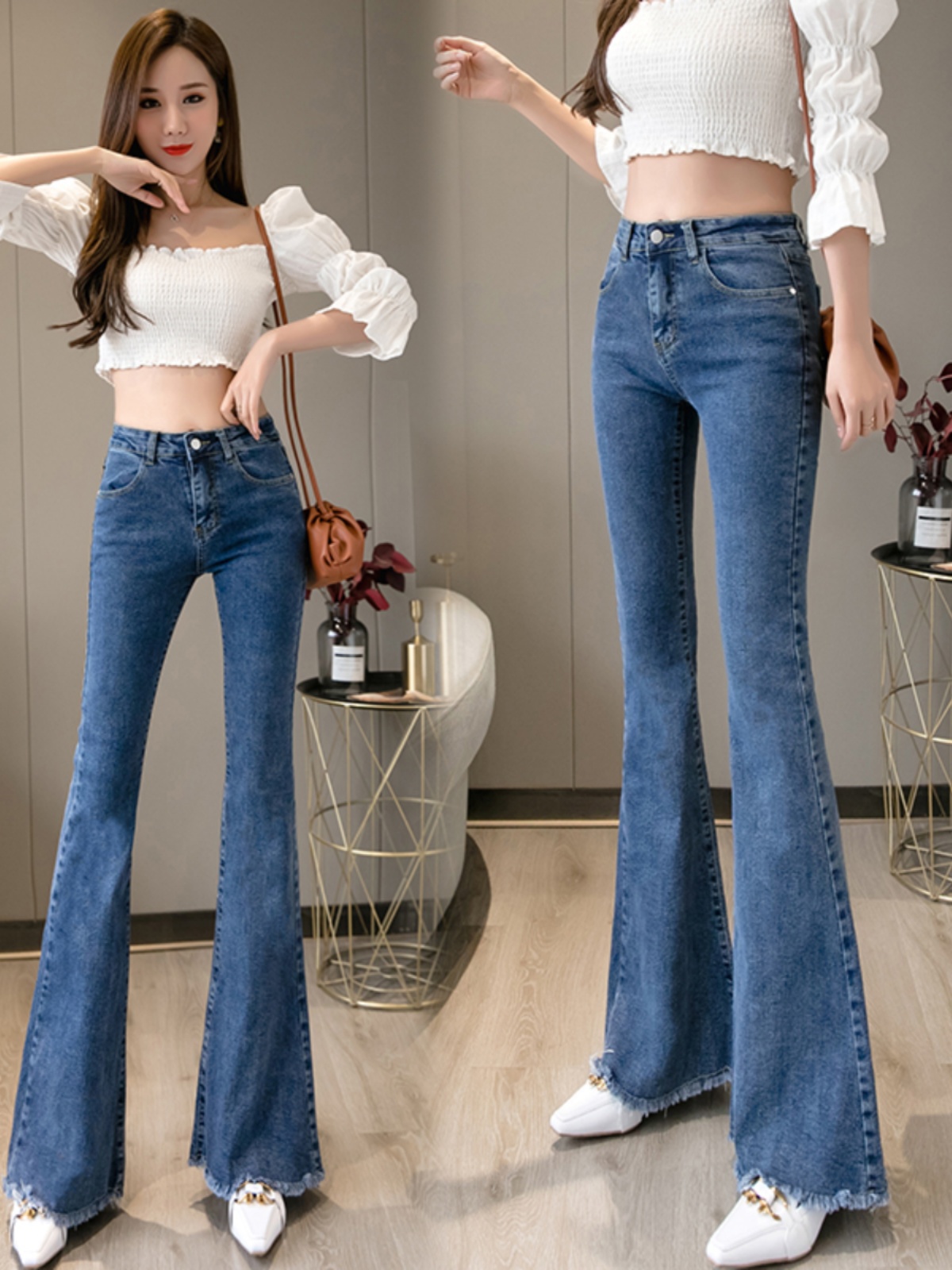 フレアパンツ 美脚際立つ裾フリンジフレアデニム