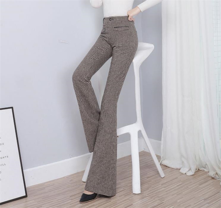 フレアパンツ 格子縞ハイウエストスラックス レトロフレア美脚パンツ