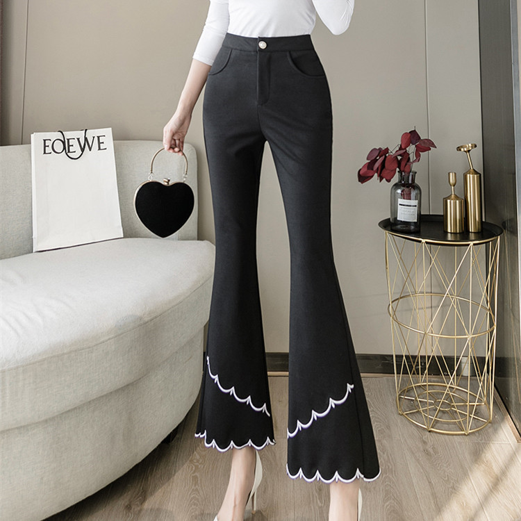 フレアパンツ 裾刺繍ハイウエストフレアスラックス九分丈