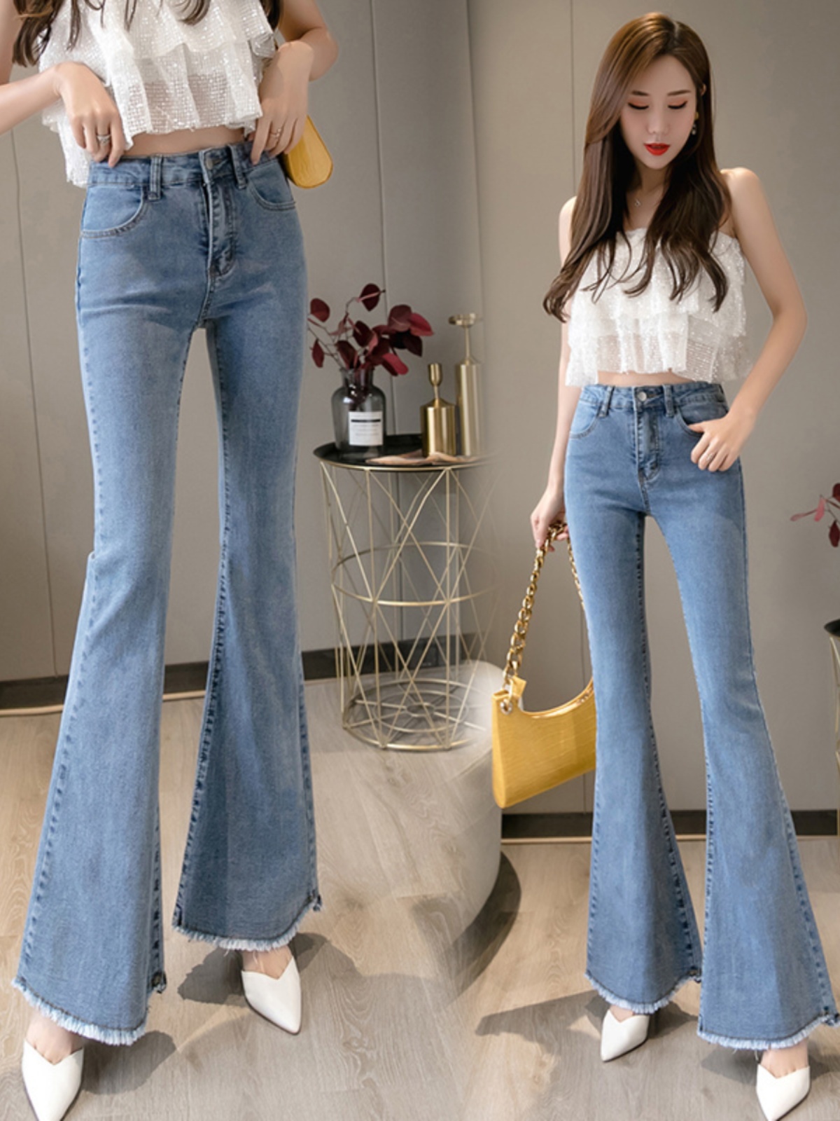 フレアパンツ 美脚際立つ裾フリンジフレアデニム