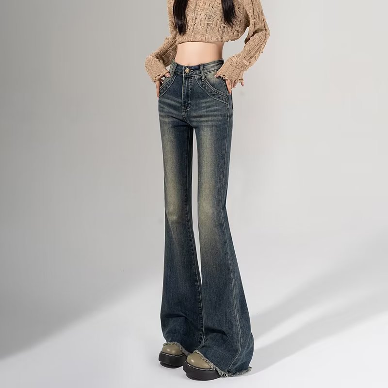 フレアパンツ ハイウエストヴィンテージ加工フレアデニムパンツ