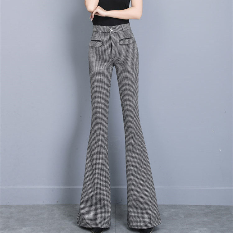 フレアパンツ 格子縞ハイウエストスラックス レトロフレア美脚パンツ
