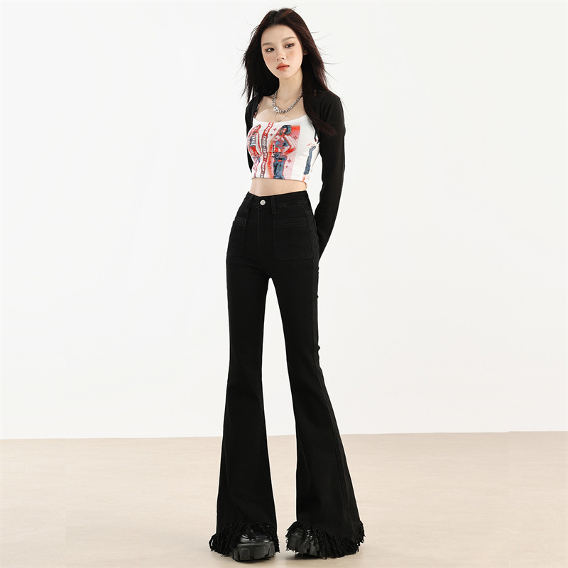 フレアパンツ 裾フリンジ装飾ハイウエストフレアデニムパンツ