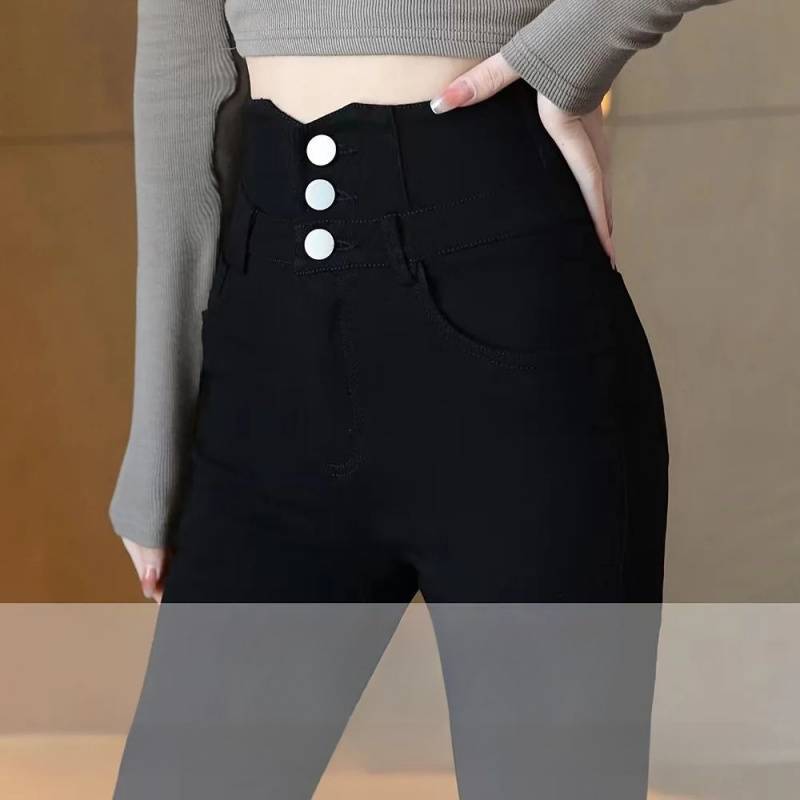 フレアパンツ 裏起毛ハイウエスト三つボタンフレアパンツ