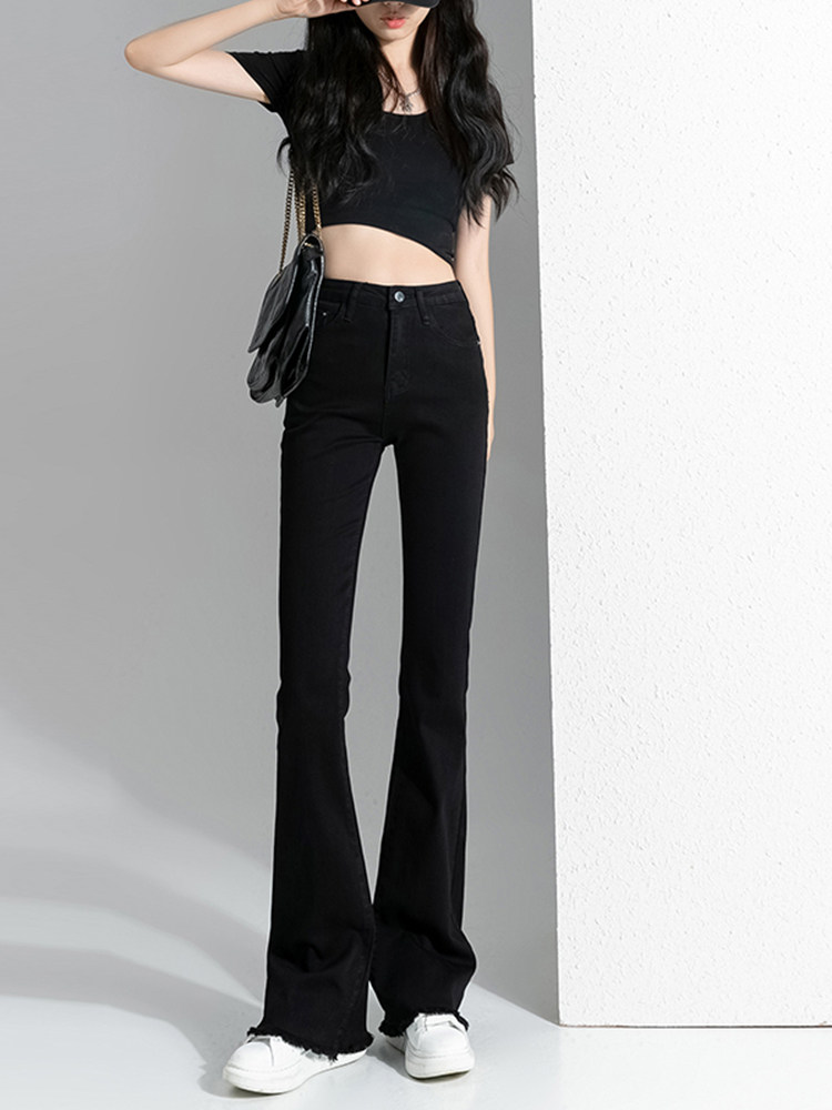 フレアパンツ 裾切りっぱなしハイウエストフレアデニムパンツ