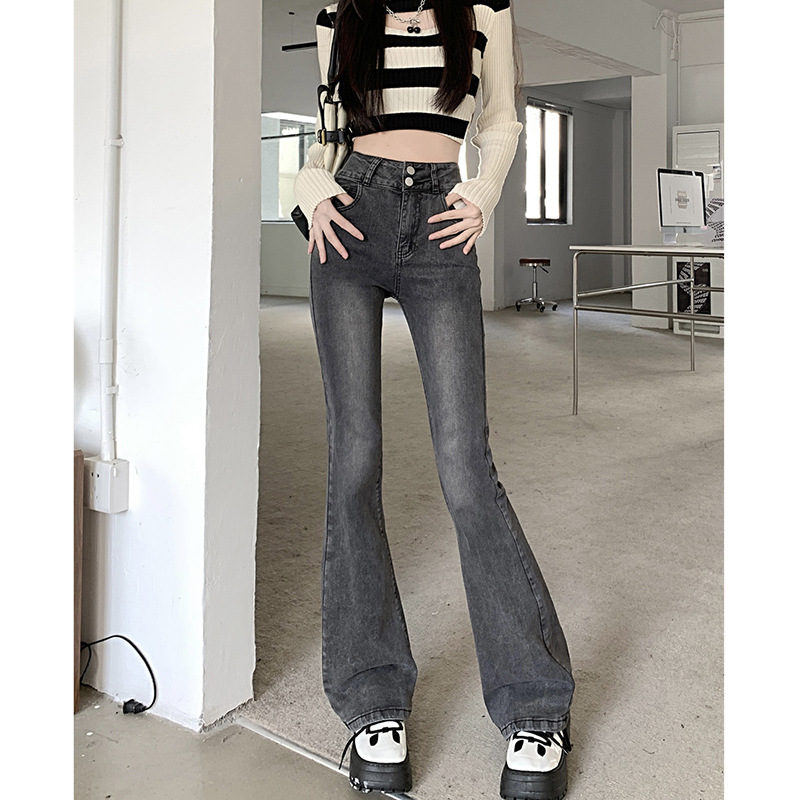 フレアパンツ 復刻風ハイウエスト裾広がりデニムパンツ