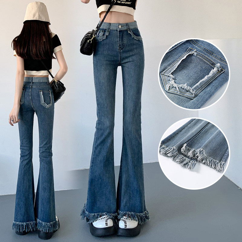 フレアパンツ 裾フリンジ加工ハイウエストフレアデニムパンツ