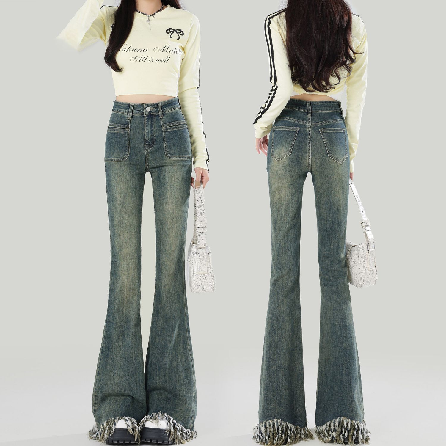 フレアパンツ 裾フリンジハイウエストフレアデニムパンツ