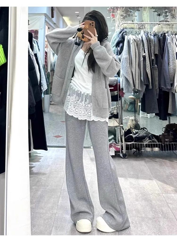 フレアパンツ レース重ね着風フレアスウェットパンツ
