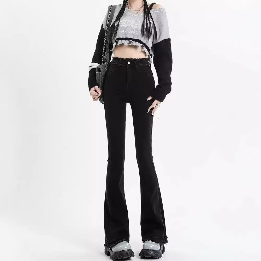 フレアパンツ 美脚見せハイウエスト裾ほつれ加工フレアパンツ
