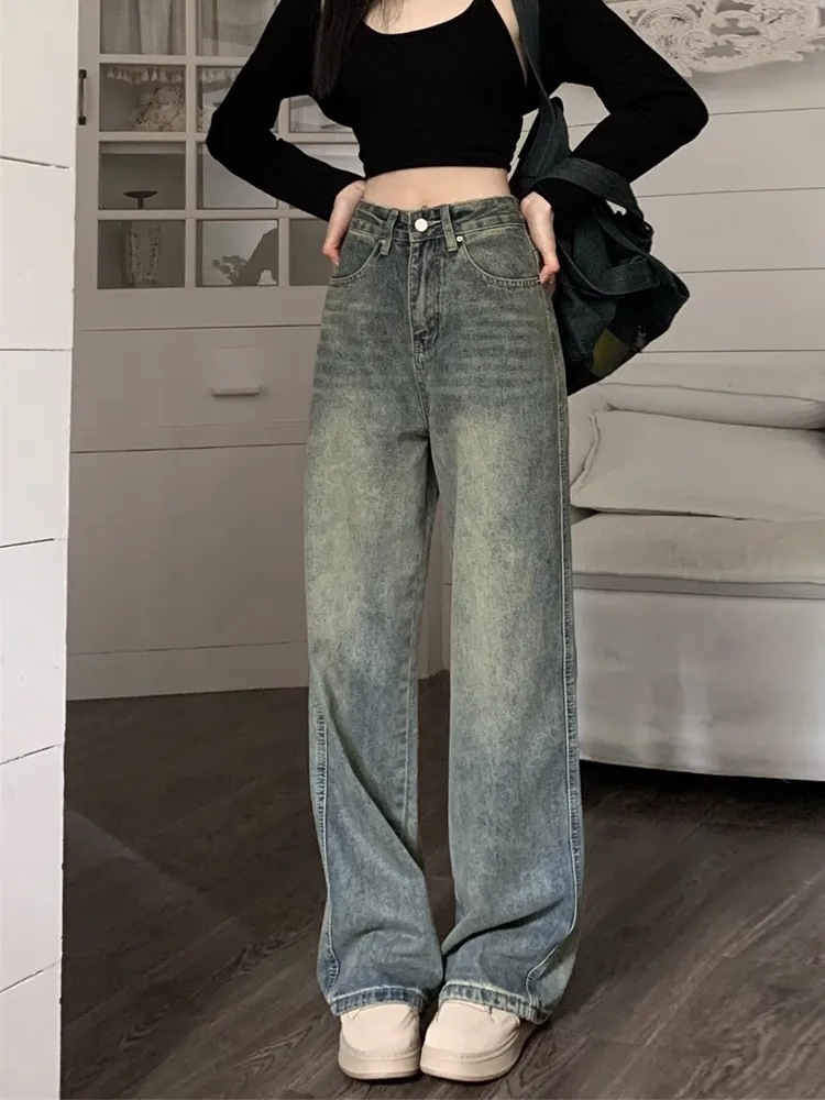 フレアパンツ ヴィンテージ加工ハイウエストワイドフレアデニムパンツ