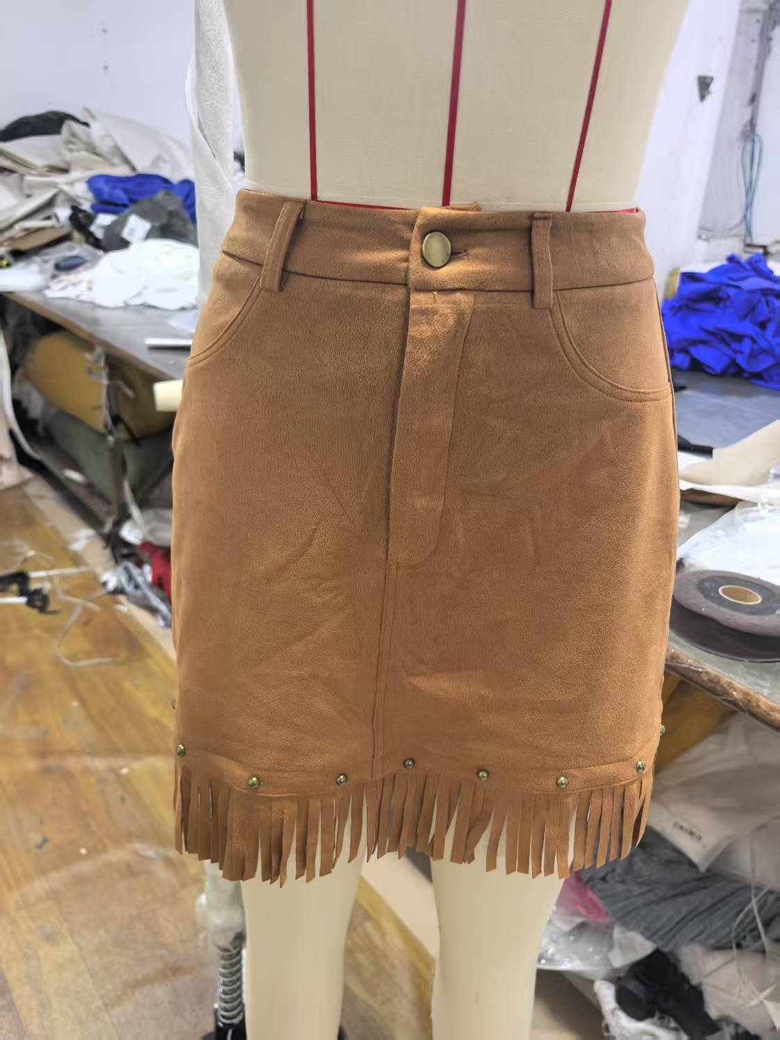 フレアスカート スエード調フリンジ付き台形フレアスカート