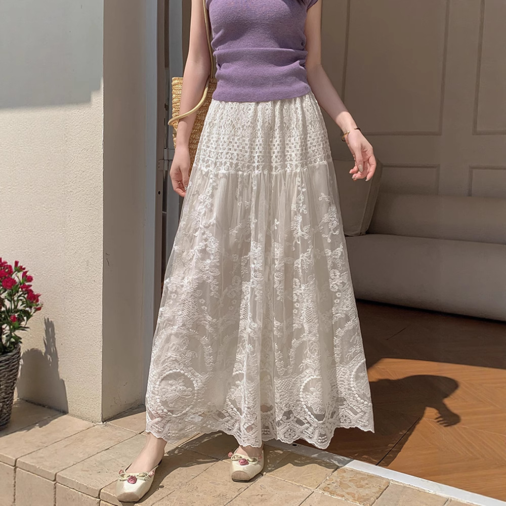 フレアスカート 優美な花刺繍レースフレアロングスカート