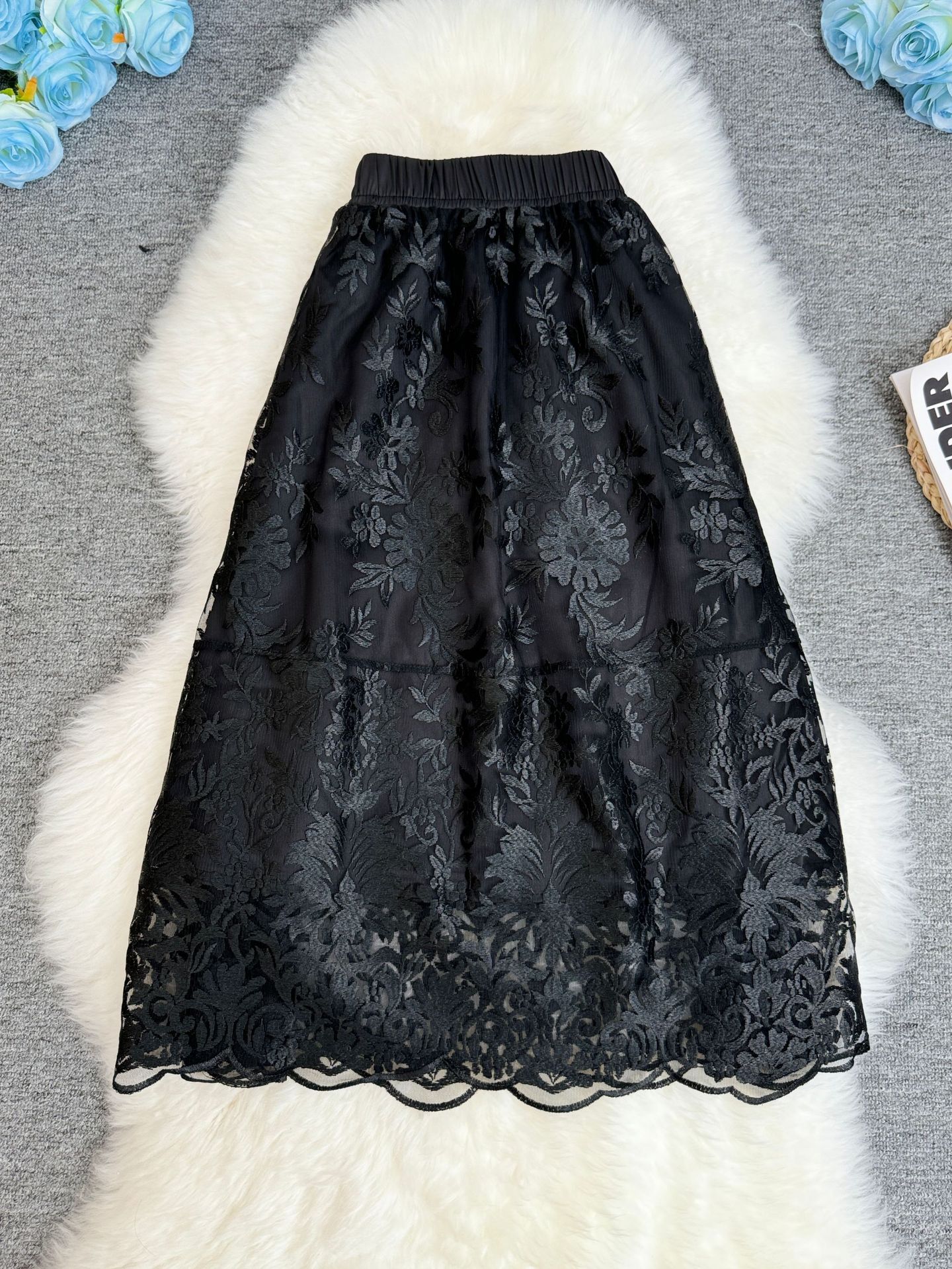 フレアスカート 花柄刺繍レース透け感エレガントフレアスカート