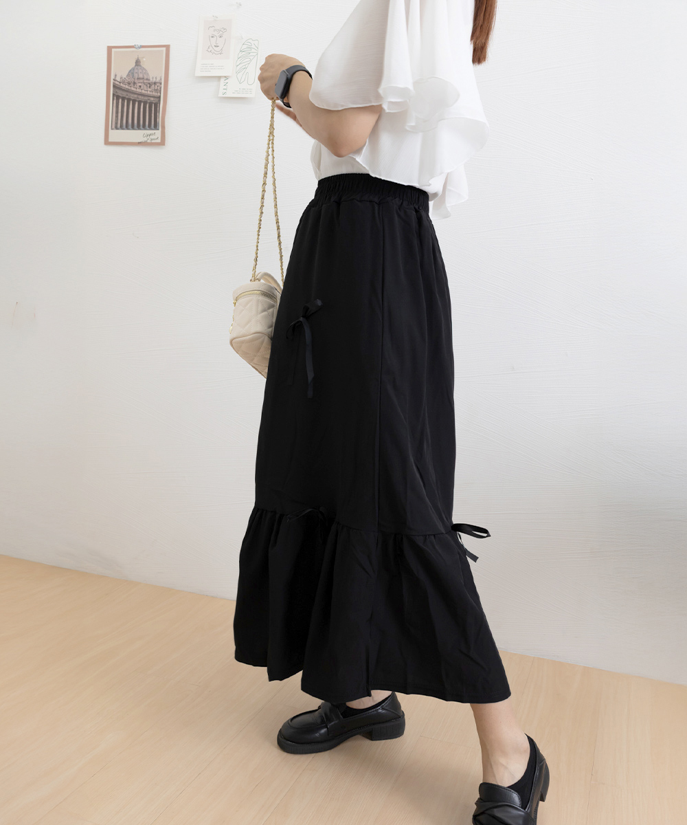 フレアスカート リボン付きマキシ丈ティアード段重ねロング丈スカート