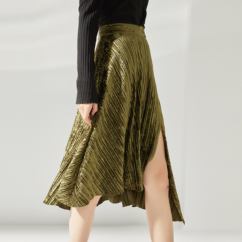 フレアスカート 光沢プリーツフレアスカート膝丈華やかメタリック