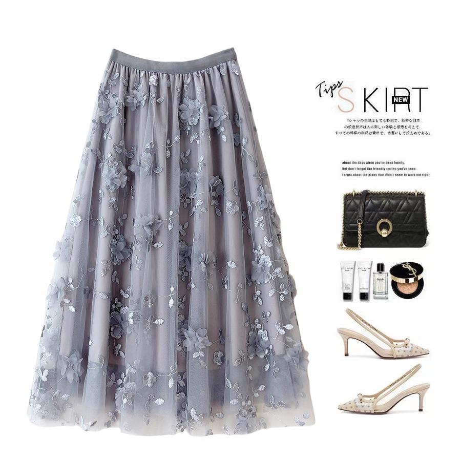 フレアスカート 立体花刺繍チュールフレアスカート