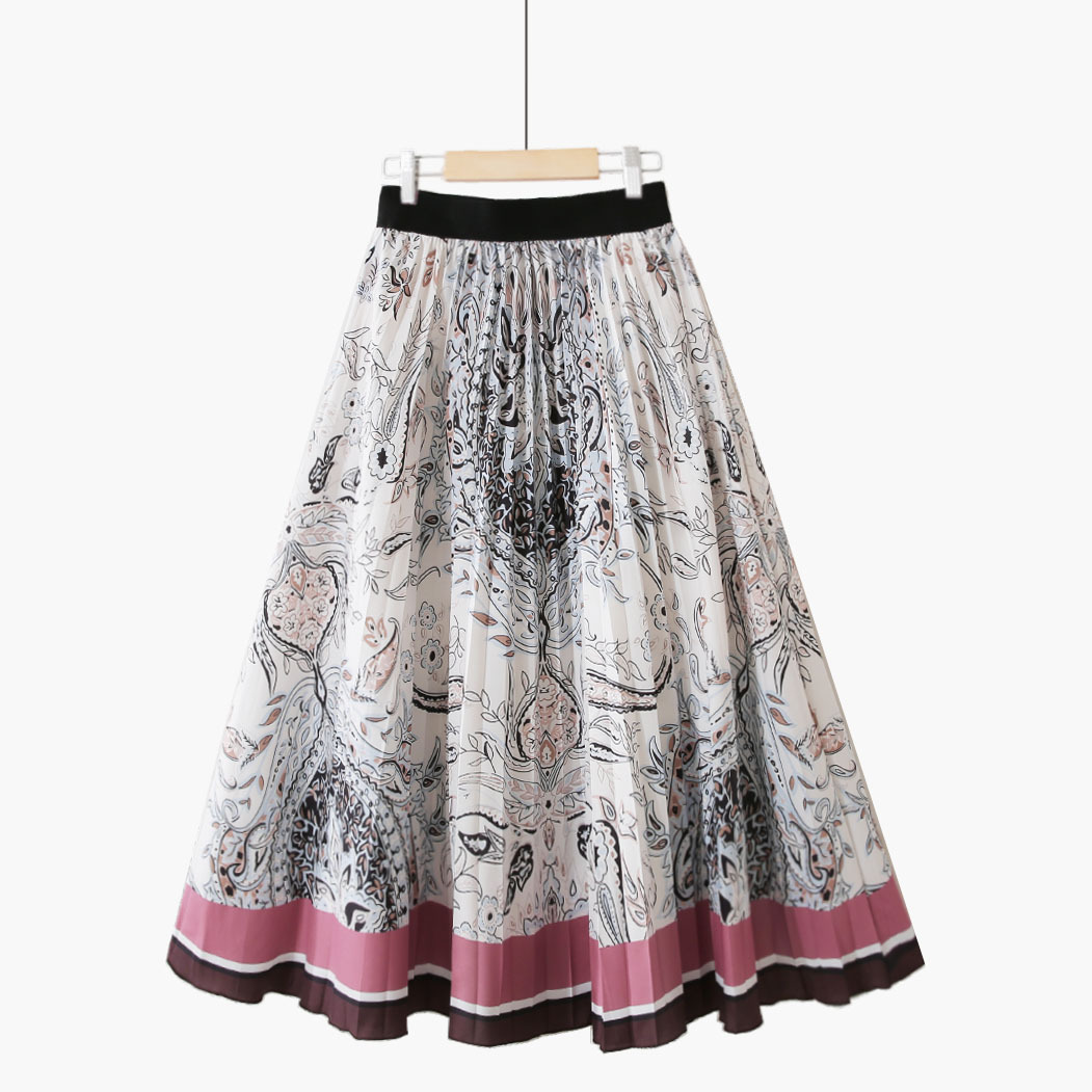 フレアスカート アラベスク柄配色ボーダー裾フレアスカート