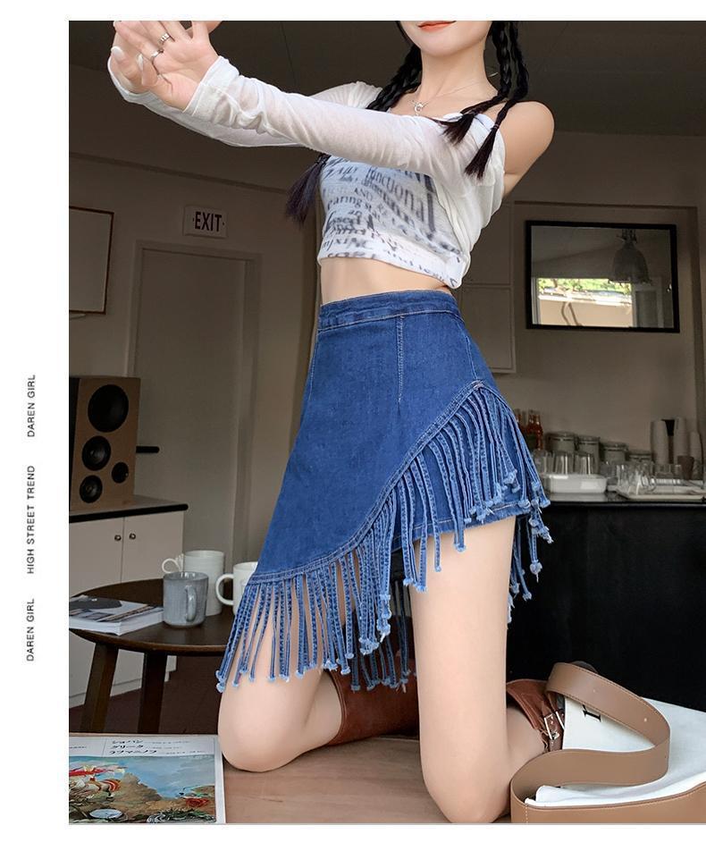 フレアスカート デニムフリンジ裾デザインフレアミニスカート