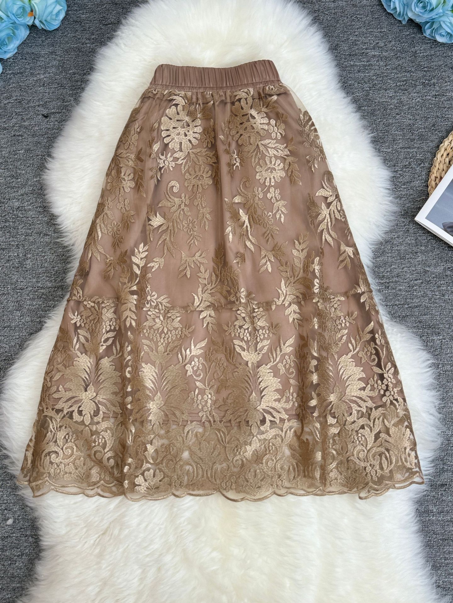 フレアスカート 花柄刺繍レース透け感エレガントフレアスカート