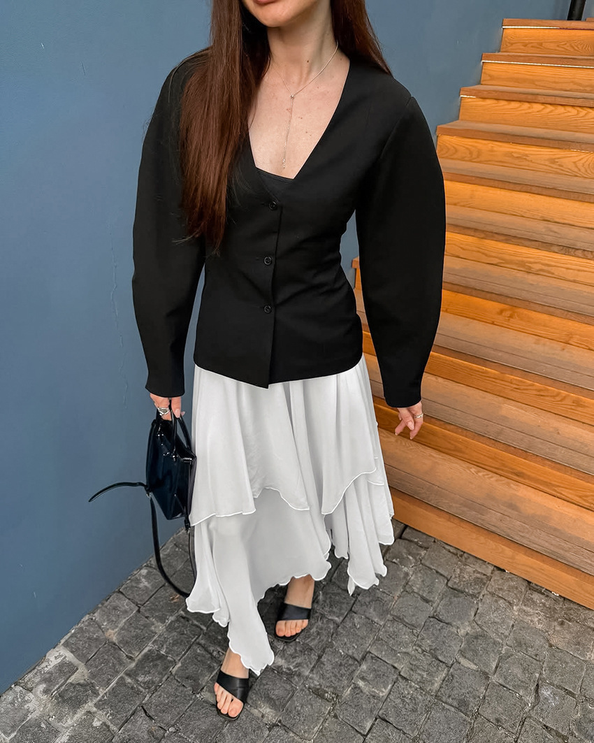 フレアスカート 不規則裾デザイン重ね着風フレアスカート