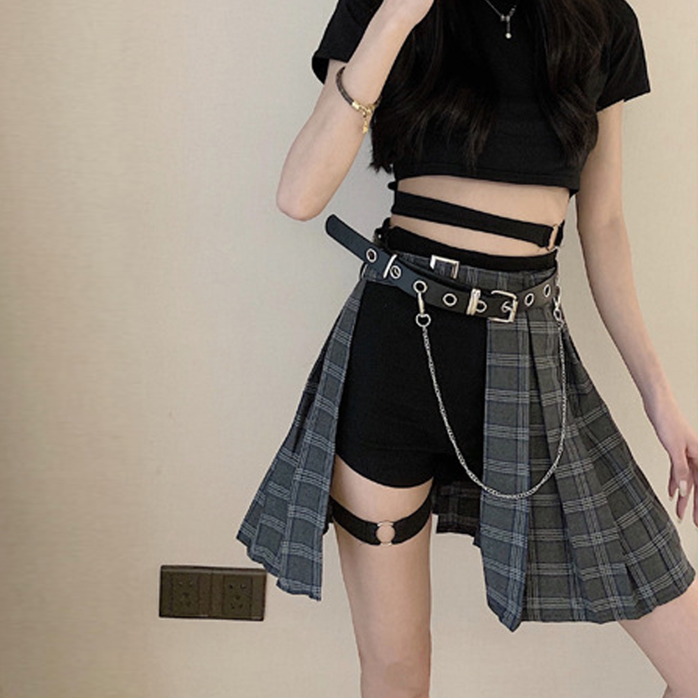 原宿系チェック柄ベルト付きミニ丈非対称フレアスカート韓国風