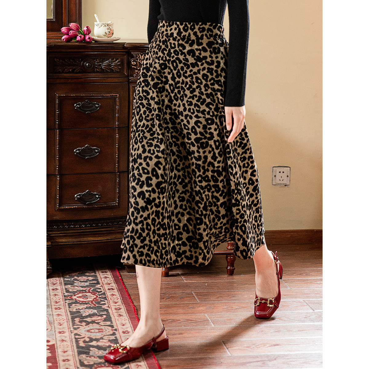 フレアスカート ヒョウ柄模様優雅広がりフレアスカート