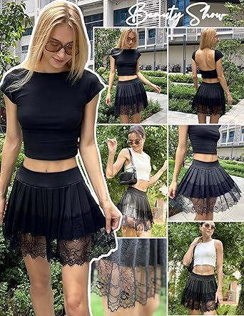 フレアスカート 裾レース切替プリーツフレアミニスカート