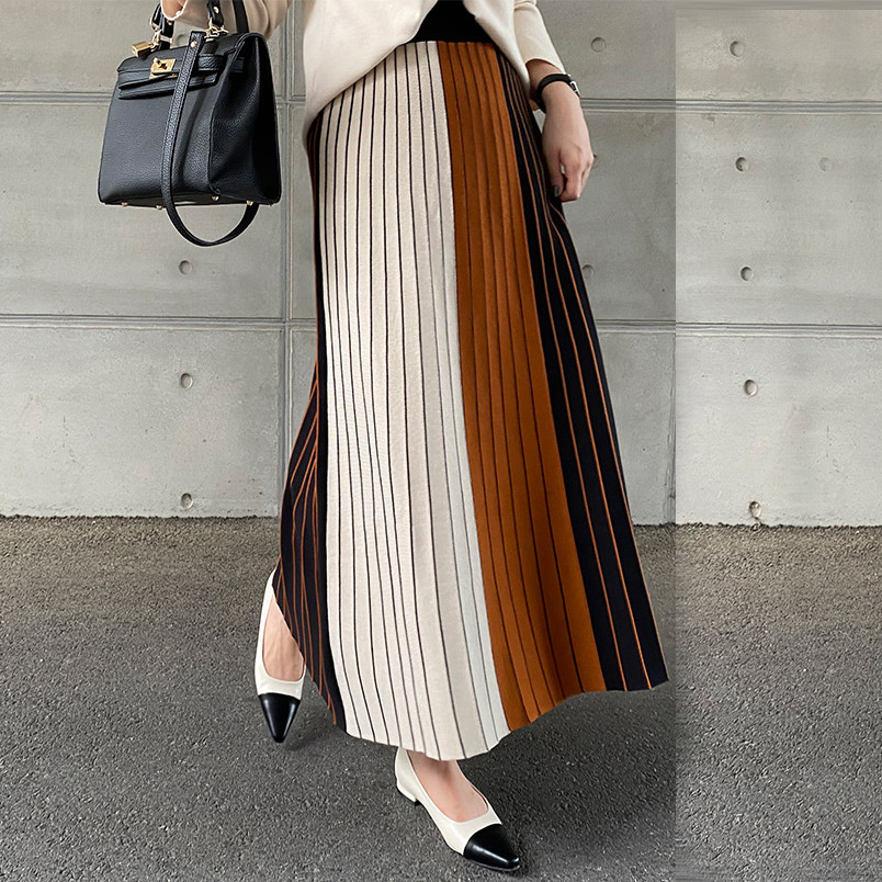 フレアスカート 配色切替プリーツフレアスカートマキシ丈