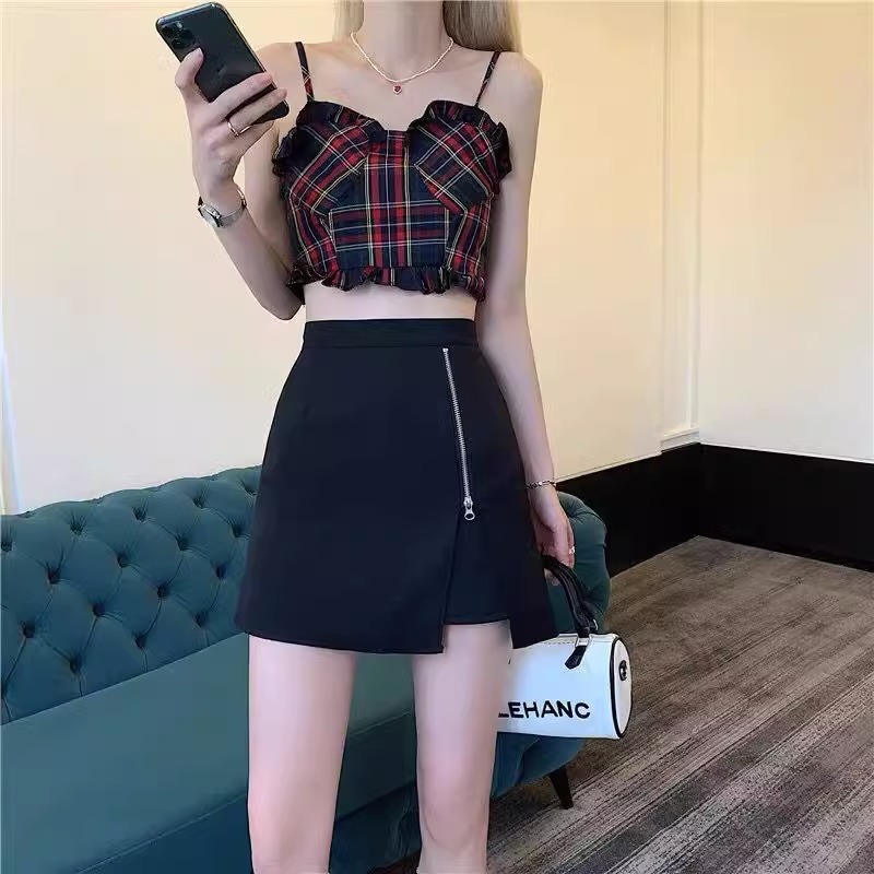 フレアスカート ジップアクセント非対称フレアミニスカート