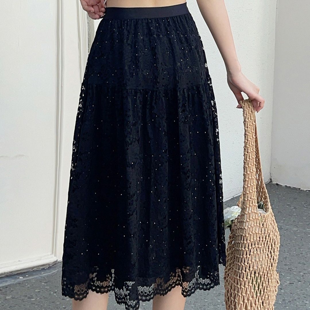 レース透かし模様ミディ丈フレアスカート
