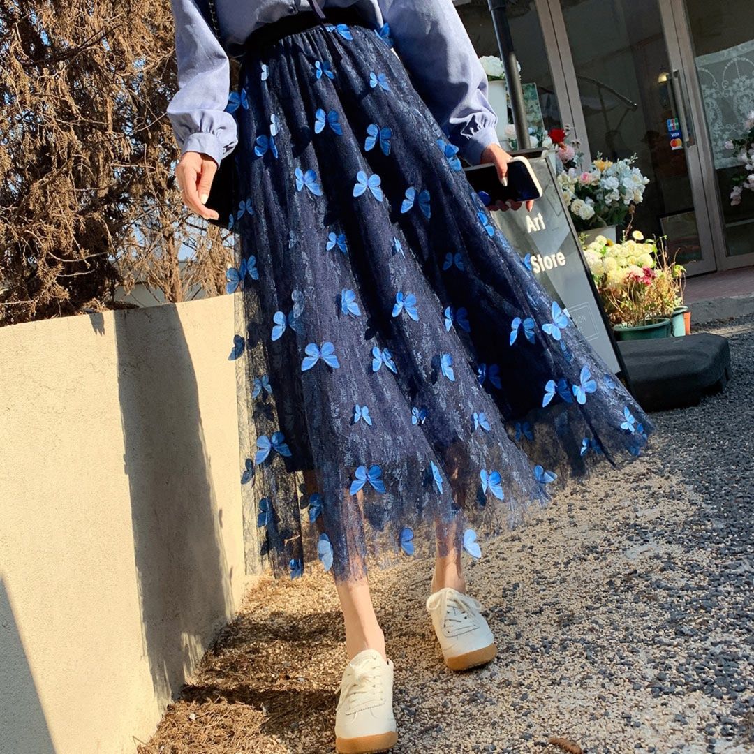 フレアスカート 花柄刺繍チュール重ねひざ下丈フレアスカート