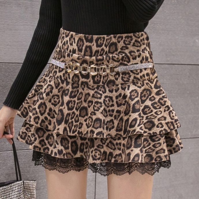 フレアスカート 豹柄ティアード裾レース付きベルトデザインフレアスカート