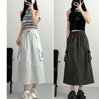 フレアスカート サイドポケット付きカジュアルフレアロングスカート