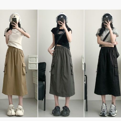 フレアスカート サイドポケット付きカジュアルフレアロングスカート
