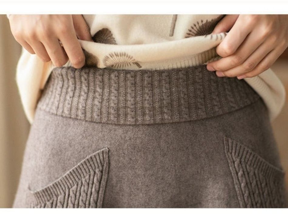 フレアスカート ケーブル編みポケット付きニットフレアスカート