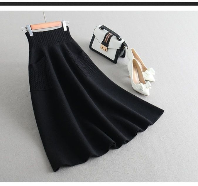 フレアスカート ケーブル編みポケット付きニットフレアスカート