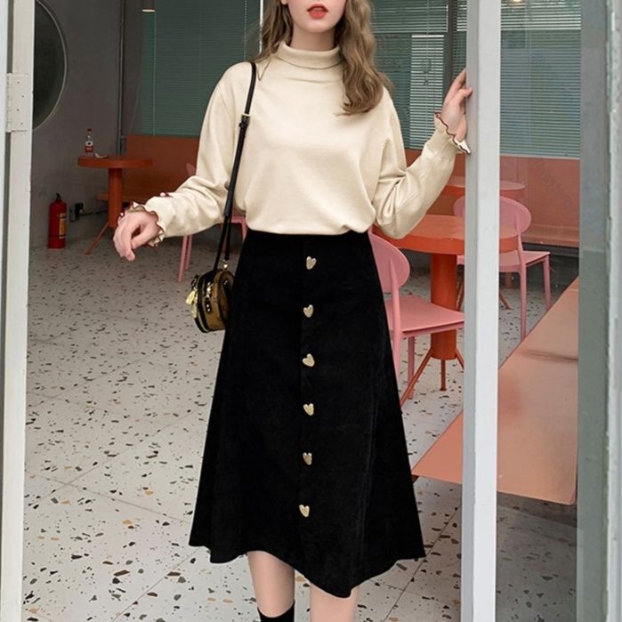フレアスカート ハート型ボタン付きコーデュロイフレアスカート