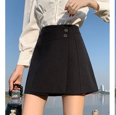 フレアスカート サイドボタン付き不規則デザインフレアミニスカート