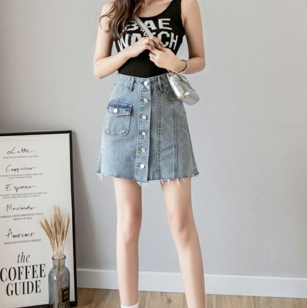 フレアスカート 前ボタンポケット付きデニムフレアスカート